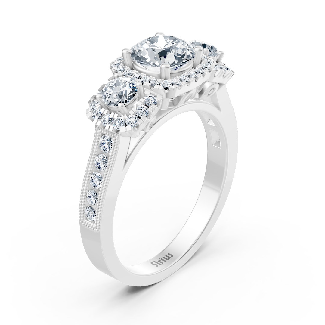 « Bague élégante en or blanc avec topaze blanche et diamants, au design à trois pierres » – Bijoux haut de gamme de Rosy Lab Diamonds