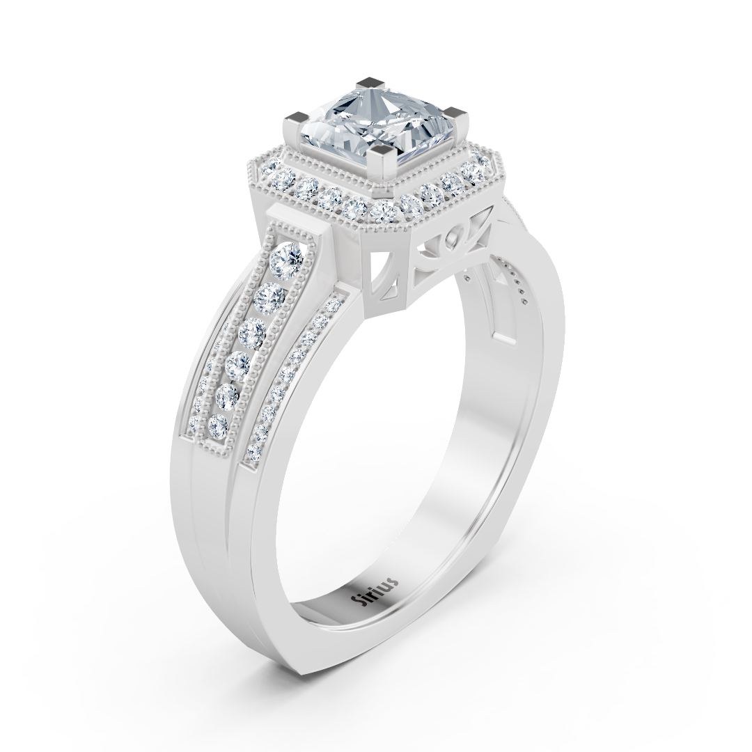 Elegant white gold ring with lab diamonds & princess-cut sapphire