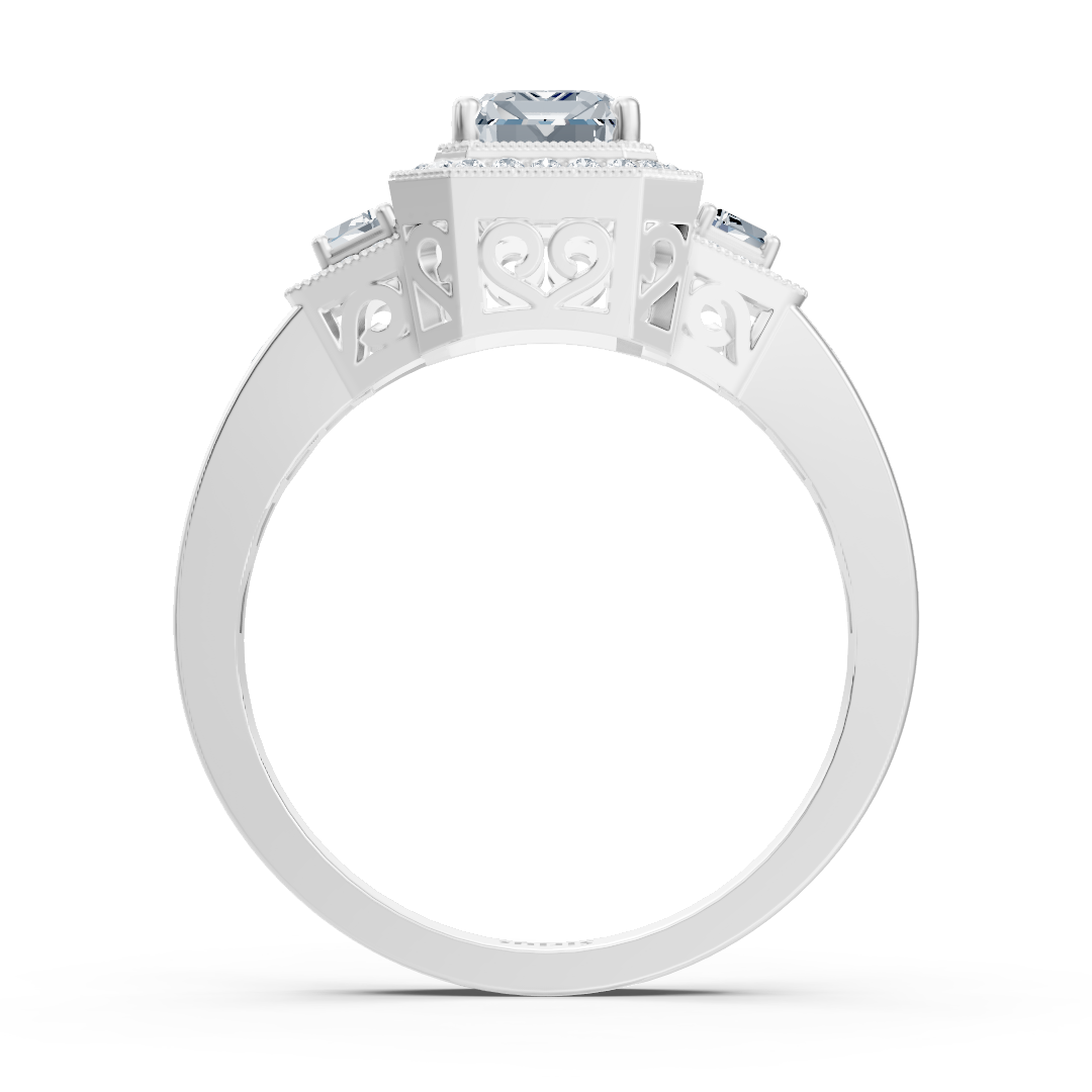 Zümrüt ve baget kesim beyaz topaz ve pırlantalı gösterişli beyaz altın yüzük - Rosy Lab Diamonds’tan kaliteli Mücevher