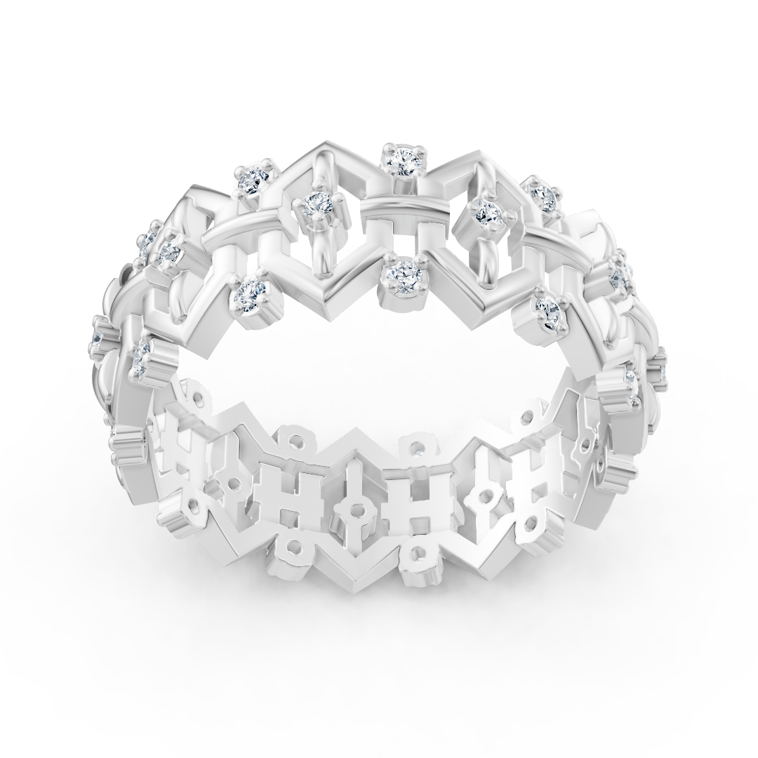 Geometric white gold ring with 33 lab diamonds in two sizes 