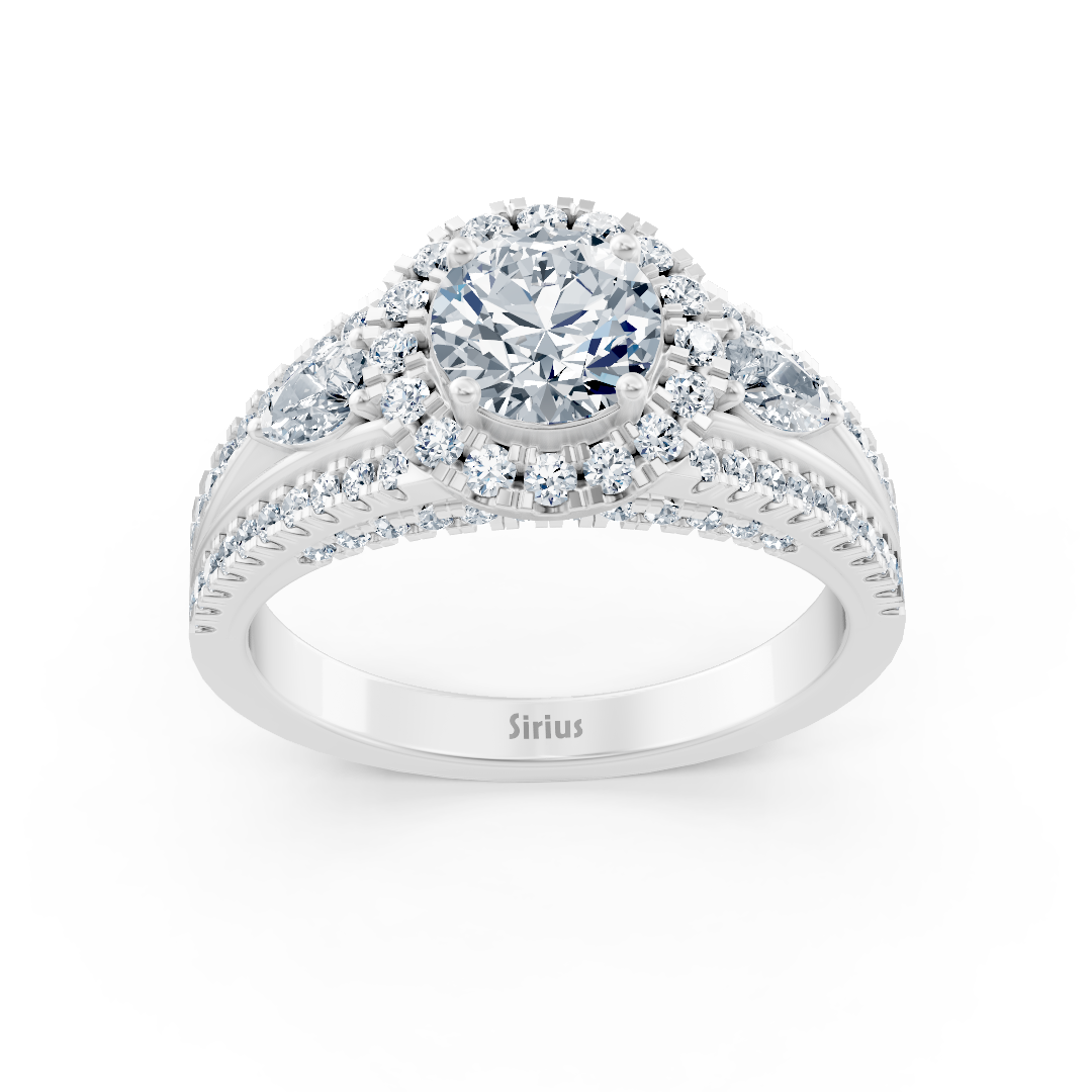 Yuvarlak Beyaz Topaz ve laboratuvarda yetiştirilmiş elmaslı Beyaz Altın yüzük - üç taşlı - Rosy Lab Diamonds’tan yüksek kaliteli Mücevher