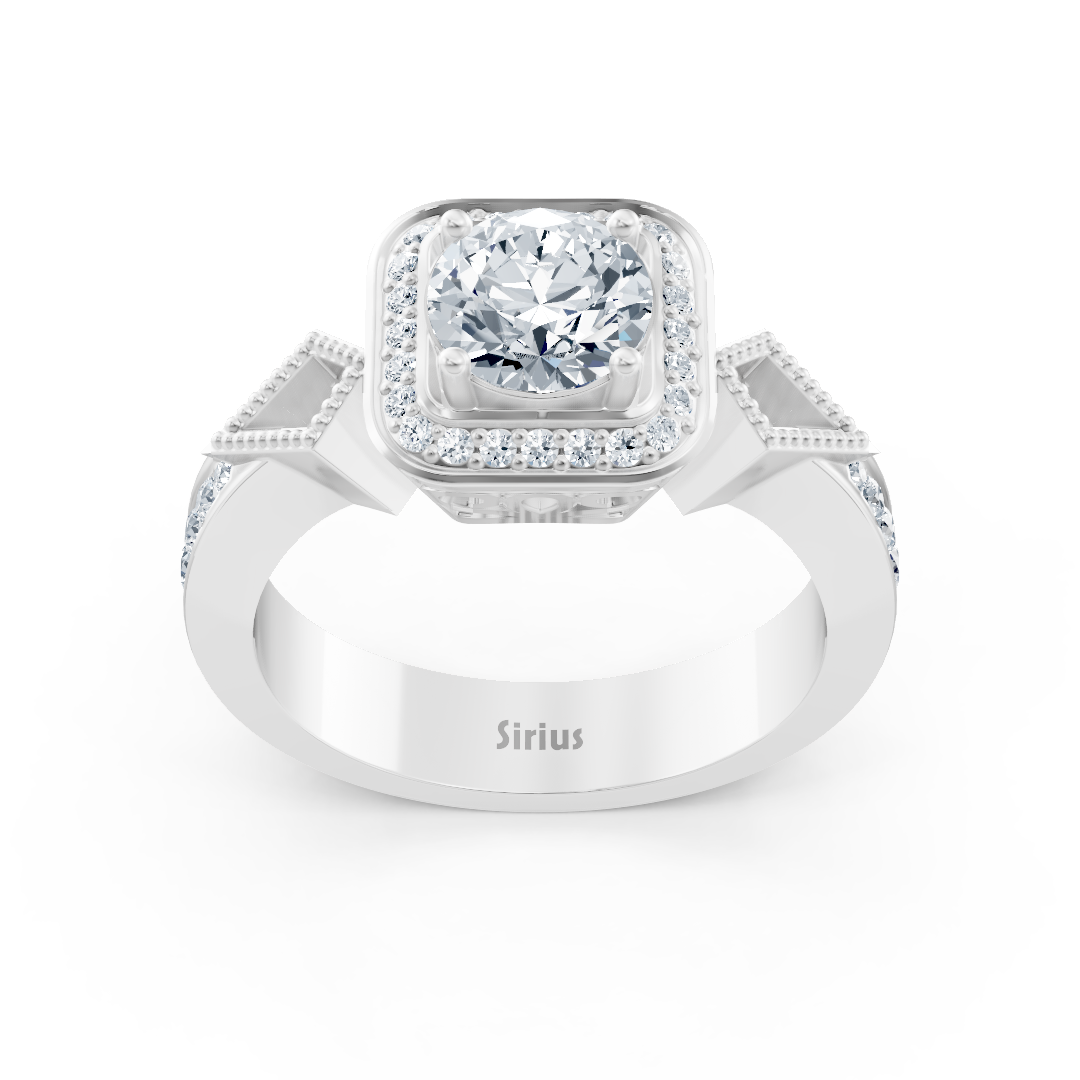 خاتم كلاسيكي من الذهب الأبيض مع ألماس بقطع دائري ولمسات هندسية - مجوهرات فاخرة من Rosy Lab Diamonds