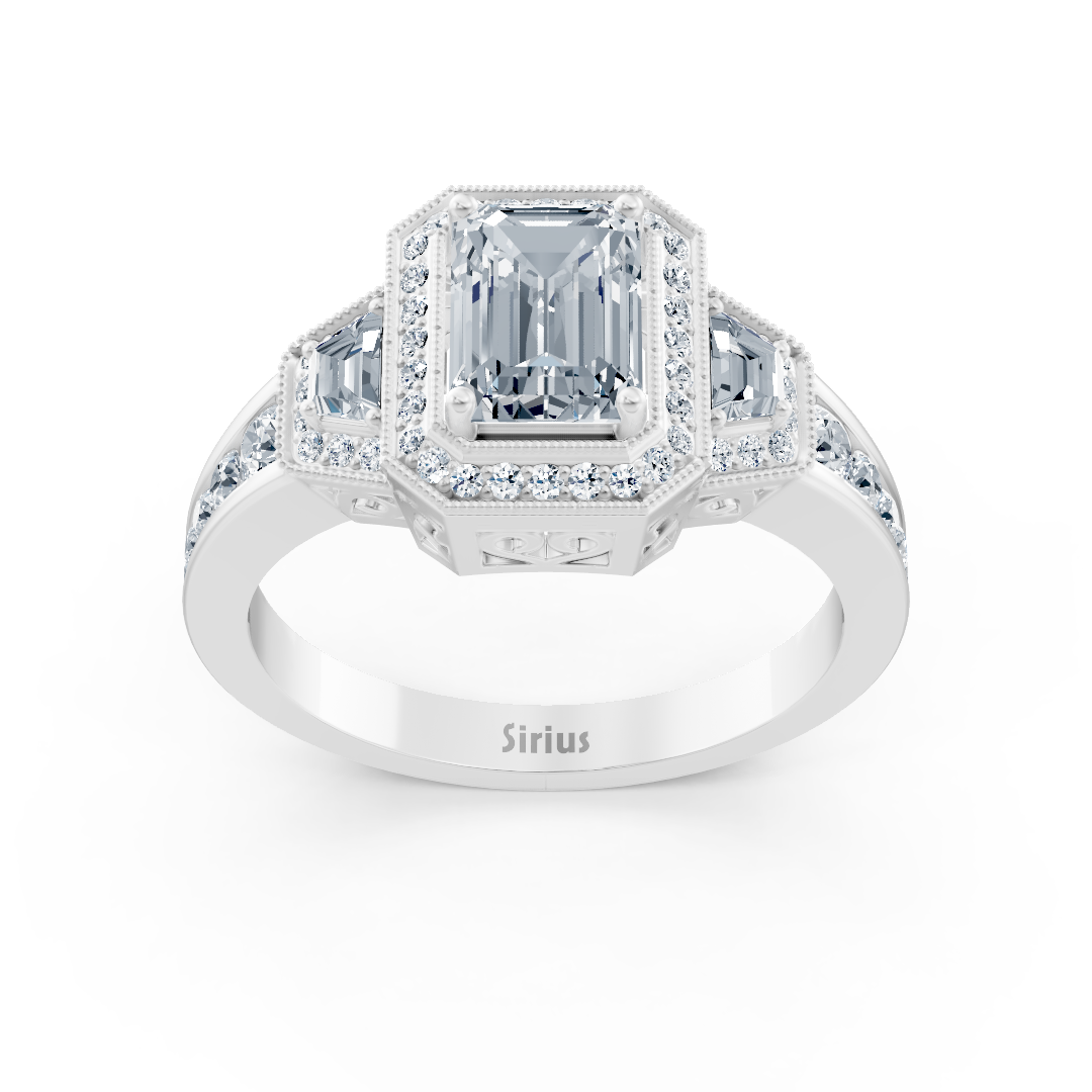 Zümrüt ve baget kesim beyaz topaz ve pırlantalı gösterişli beyaz altın yüzük - Rosy Lab Diamonds’tan kaliteli Mücevher