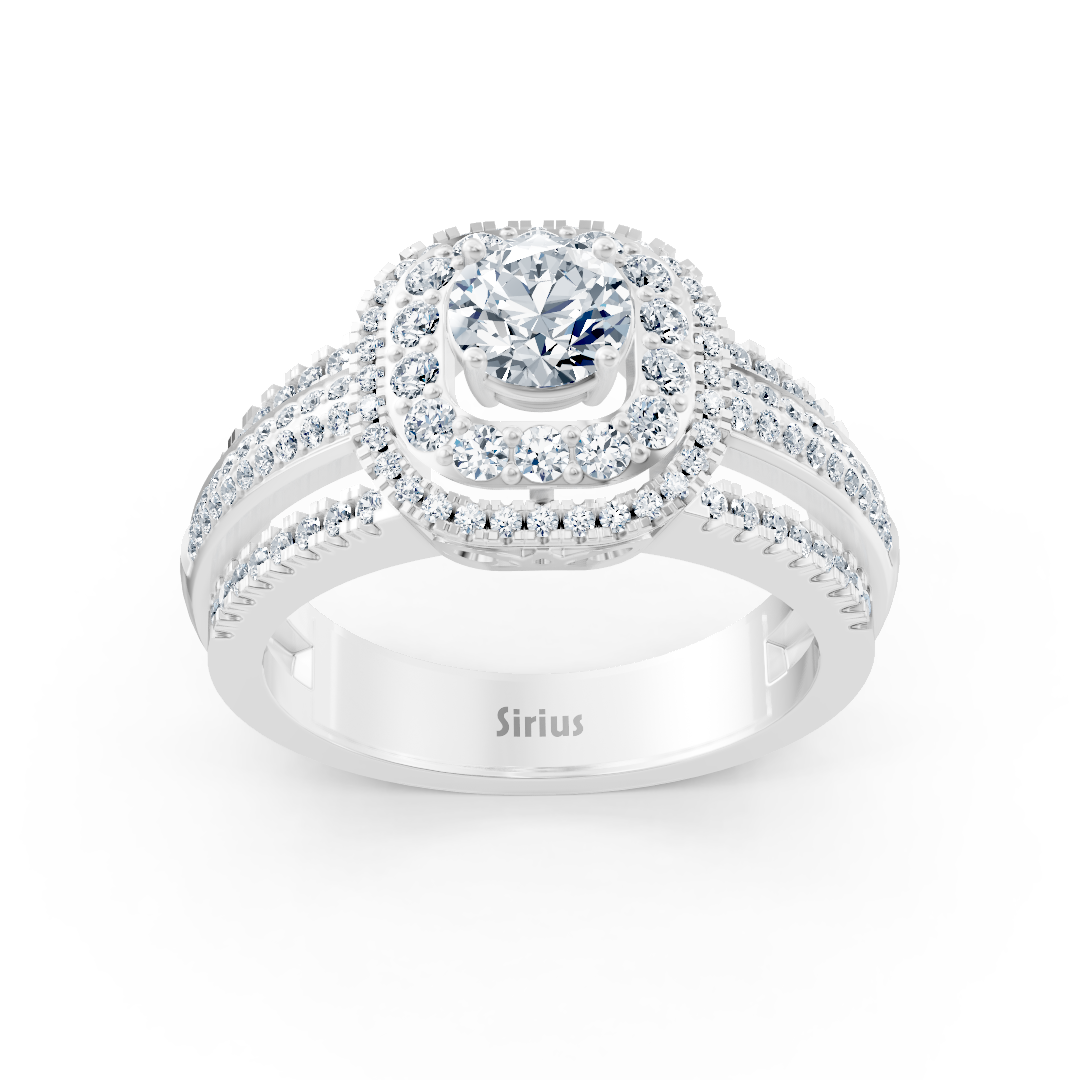 خاتم من ذهب أبيض بشريطي بافيه مزدوجين وهالة مركزية من الألماس - مجوهرات فاخرة من Rosy Lab Diamonds