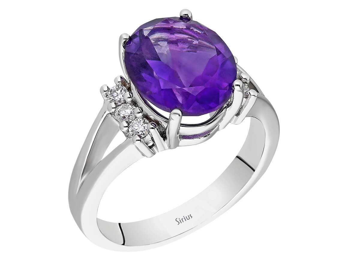 Prächtiger Ring mit 3,95 ct ovalem Amethyst und 6 rund geschliffenen laborgezüchteten Diamanten in 14K Weißgold