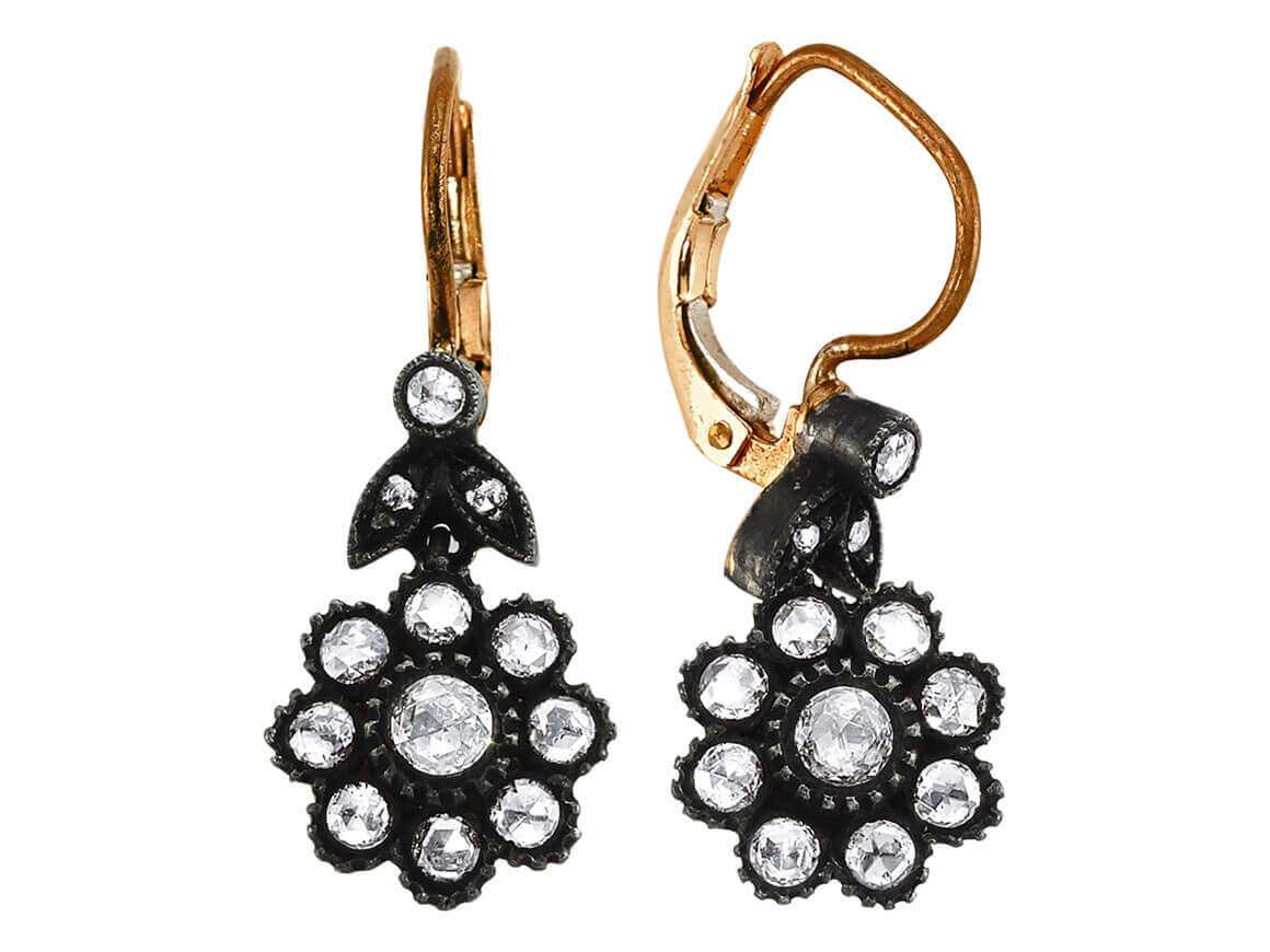 Boucles d’oreilles pendantes anciennes en forme de fleurs ornées de diamants Elmas en or rose 8 carats | Bijoux vintage – Bijoux de haute qualité de Rosy Lab Diamonds
