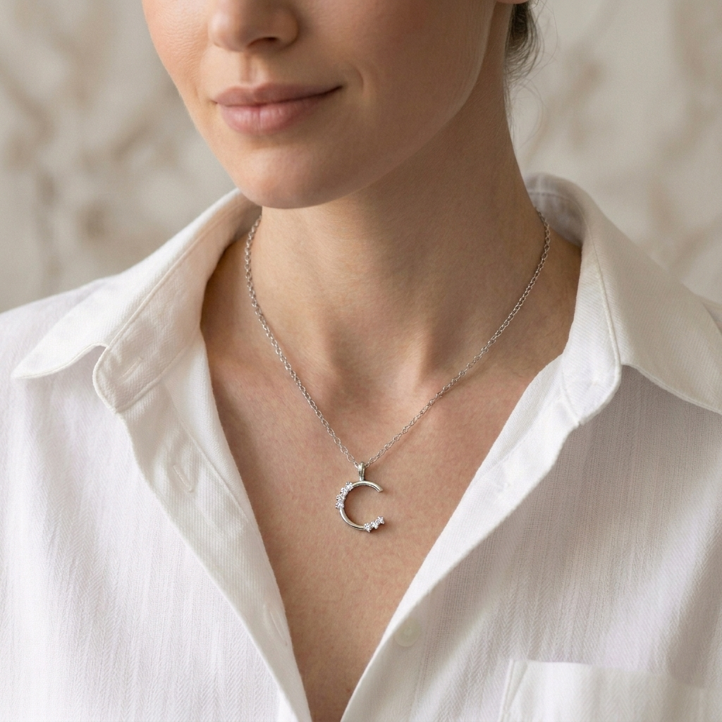 Pendant C with 9 diamonds - 9K white gold - high-quality Jewelry from Rosy Lab Diamonds