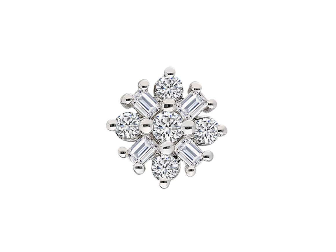 Clou d'oreille exclusif avec diamants de laboratoire taille baguette et ronde en or blanc 585