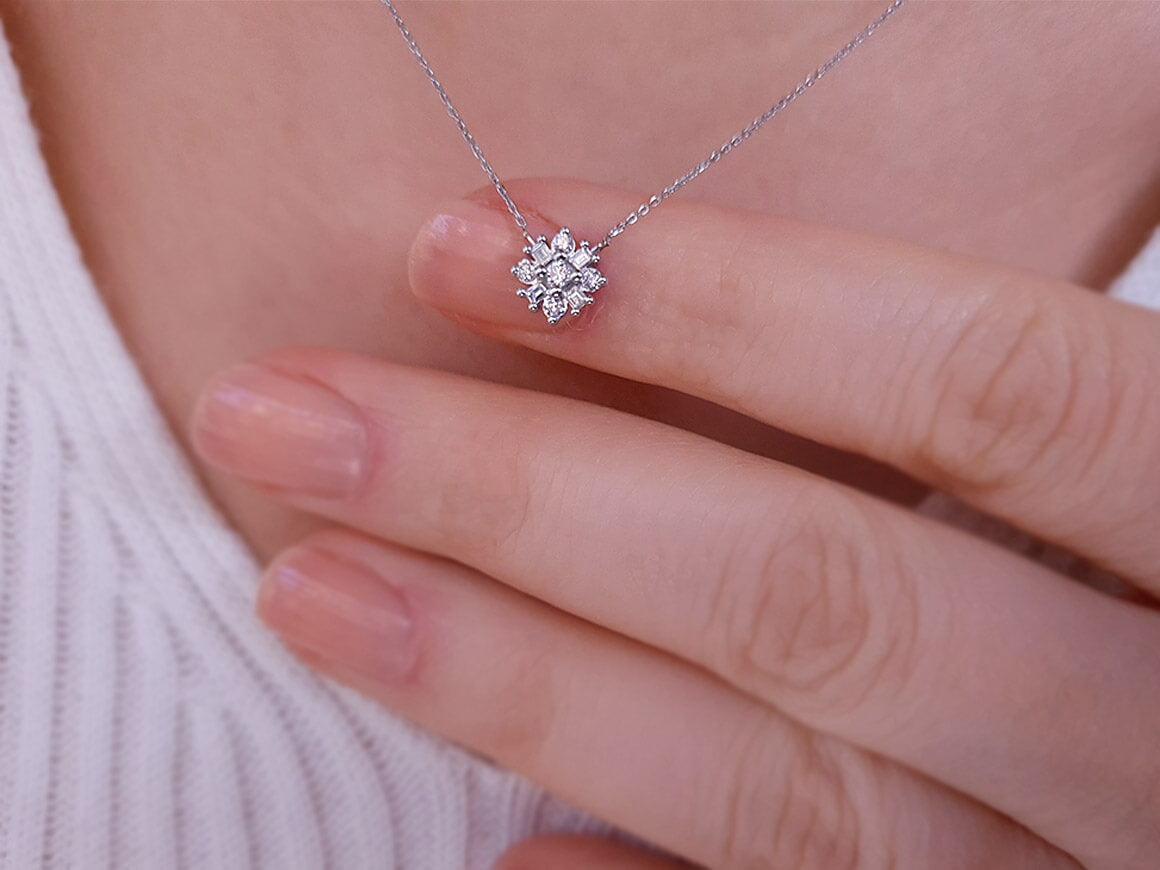 Capella-Sternkette mit Baguette- und Runddiamanten - 14K Weißgold - 23P0055 - hochwertiger Schmuck von Rosy Lab Diamonds
