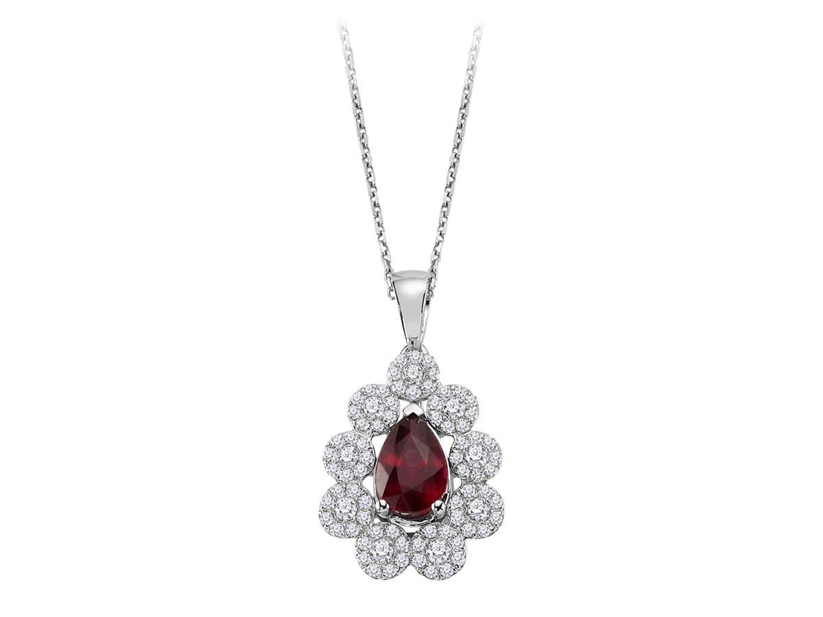 Damla yakut ve 81 laboratuvar pırlantalı çiçekli Kolye Ucu | 14K Beyaz Altın - Rosy Lab Diamonds’tan kaliteli Mücevher