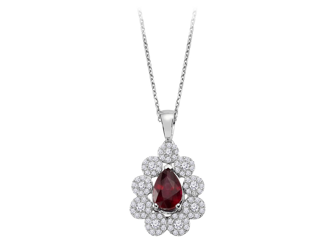 Flower pendant with drop ruby & 81 lab diamonds