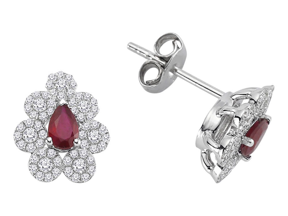 14K Beyaz Altın içinde pırlantalı çiçekli Yakut küpeler | Çiçek tasarımı - Rosy Lab Diamonds’tan kaliteli Mücevher