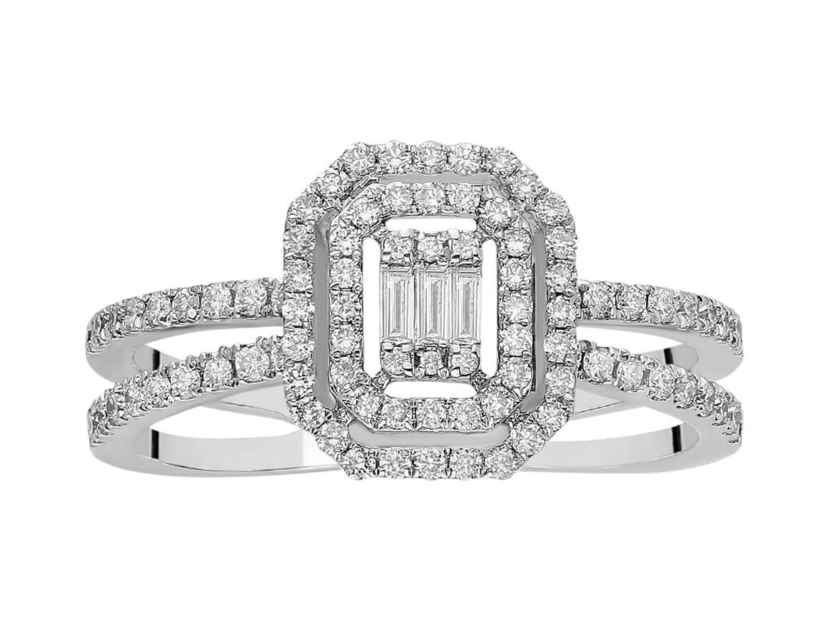 Bague en Or Blanc avec 3 diamants baguette et 90 diamants ronds – 0,41 carat – Bijoux haut de gamme de Rosy Lab Diamonds