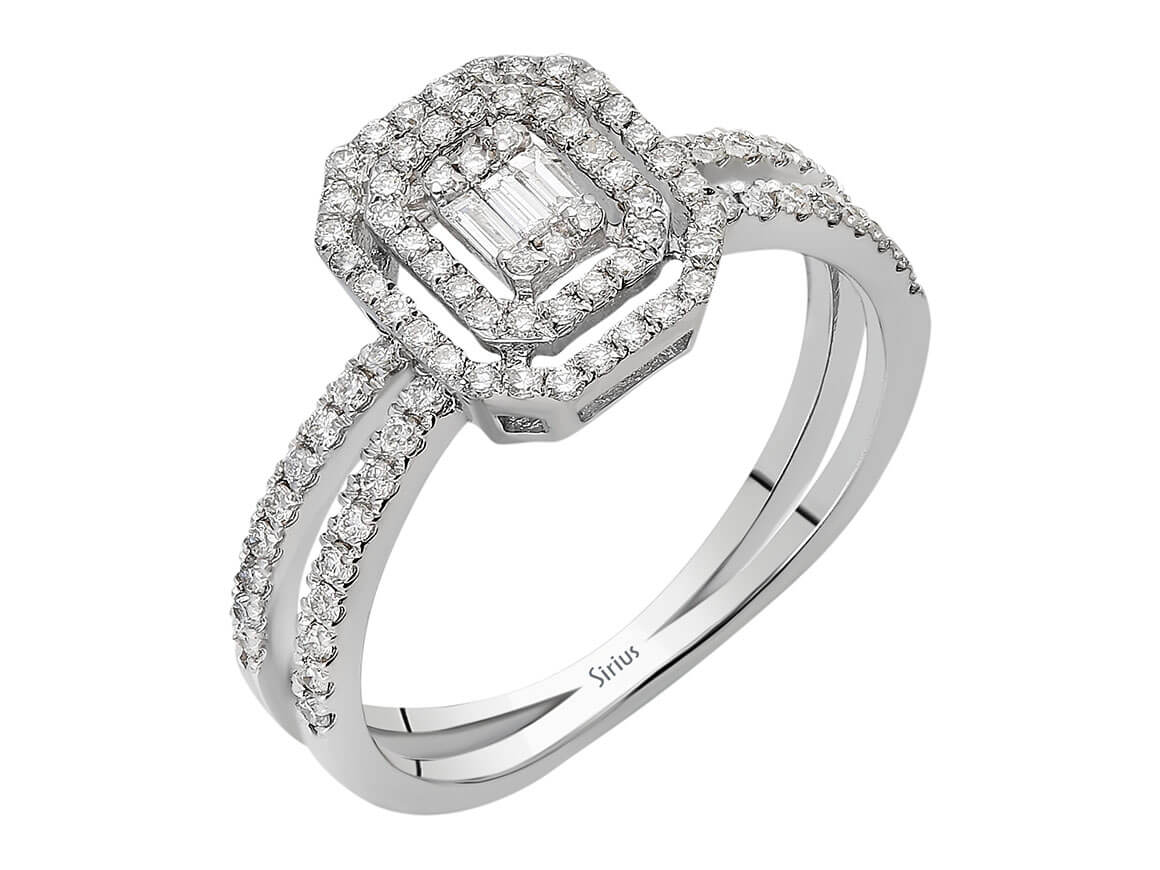 Bague en Or Blanc avec 3 diamants baguette et 90 diamants ronds – 0,41 carat – Bijoux haut de gamme de Rosy Lab Diamonds