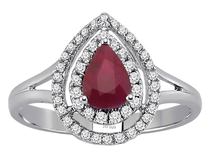 Eleganter Rubinring mit Doppelhalo aus Diamanten in 14K Weißgold