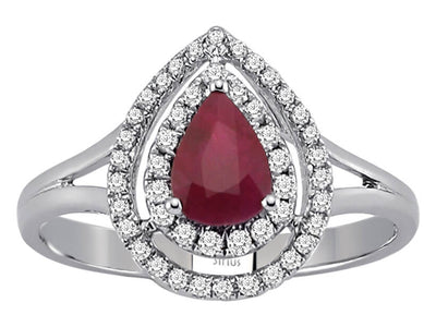 Eleganter Rubinring mit Doppelhalo aus Diamanten in 14K Weißgold