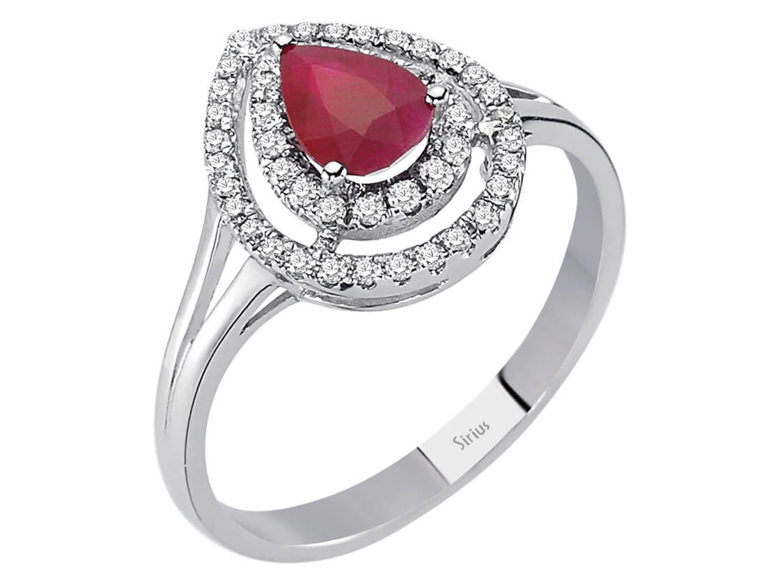 Eleganter Rubinring mit Doppelhalo aus Diamanten in 14K Weißgold