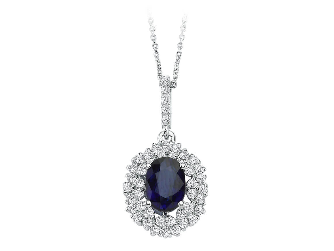 Anturage-Anhänger mit ovalem Saphir & 45 Brillanten - 14K Weißgold - hochwertiger Schmuck von Rosy Lab Diamonds