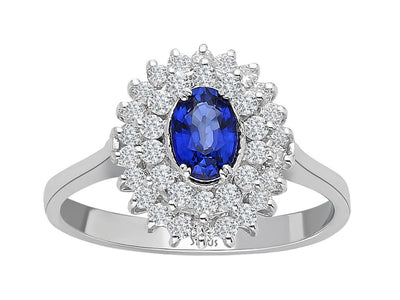 Double-row 14 Karat white gold ring with 36 round diamonds and oval sapphire