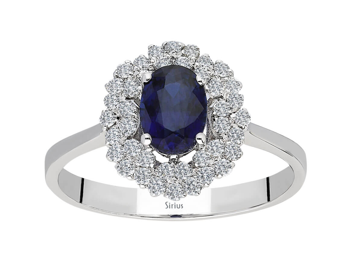 Anturaj ring with lab-grown diamond and oval sapphire in white gold