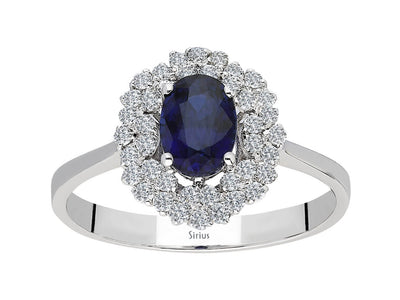 Anturaj ring with lab-grown diamond and oval sapphire in white gold