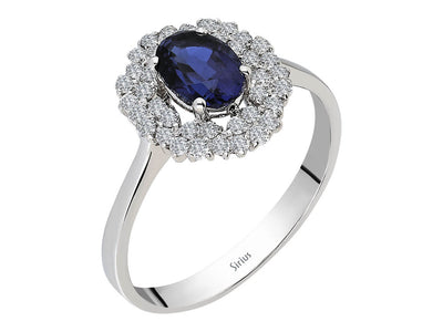 Anturaj ring with lab-grown diamond and oval sapphire in white gold