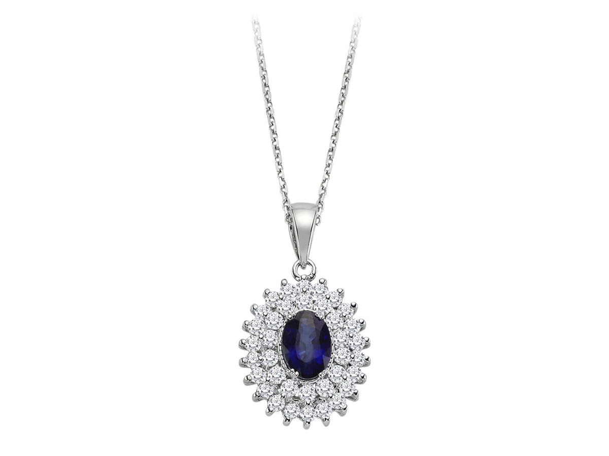 Pendant with Oval Sapphire & 36 Lab-Grown Diamonds | 14K White Gold - high-quality Jewelry from Rosy Lab Diamonds