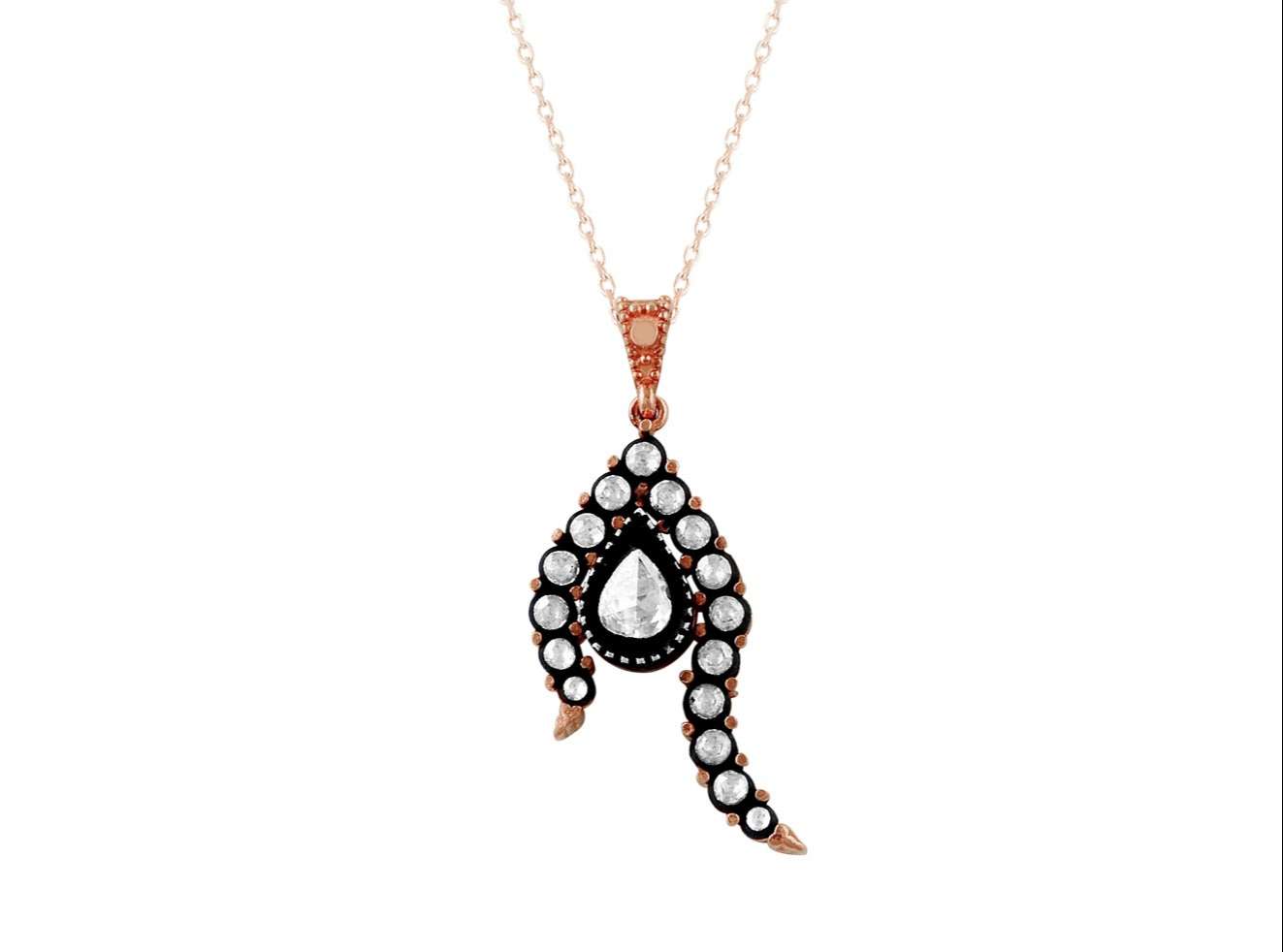 Oriental drop pendant with 17 old-cut diamonds in 8K rose gold