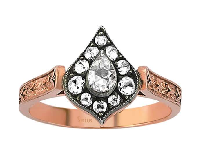 Roségold-Ring mit 11 Elmas-Steinen in verschiedenen Schliffen – Vintage Gravur – 80R0018