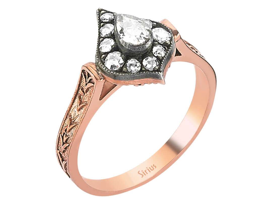 Roségold-Ring mit 11 Elmas-Steinen in verschiedenen Schliffen – Vintage Gravur – 80R0018