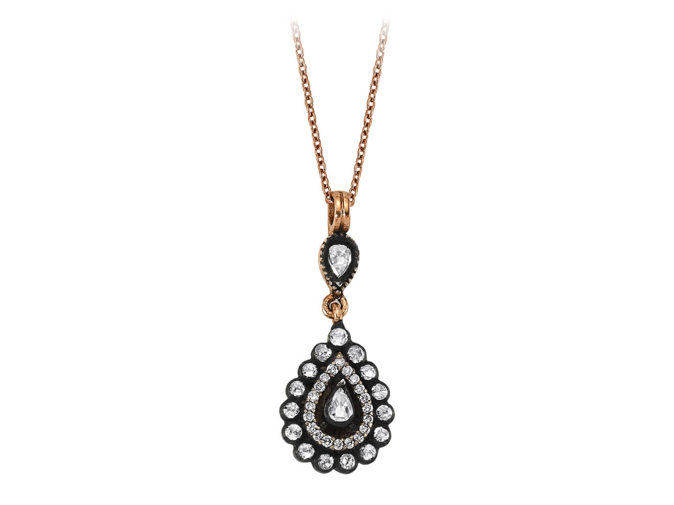 Rose gold pendant with 2 drop diamonds, 15 round diamonds & 20 brilliants – 82P0004