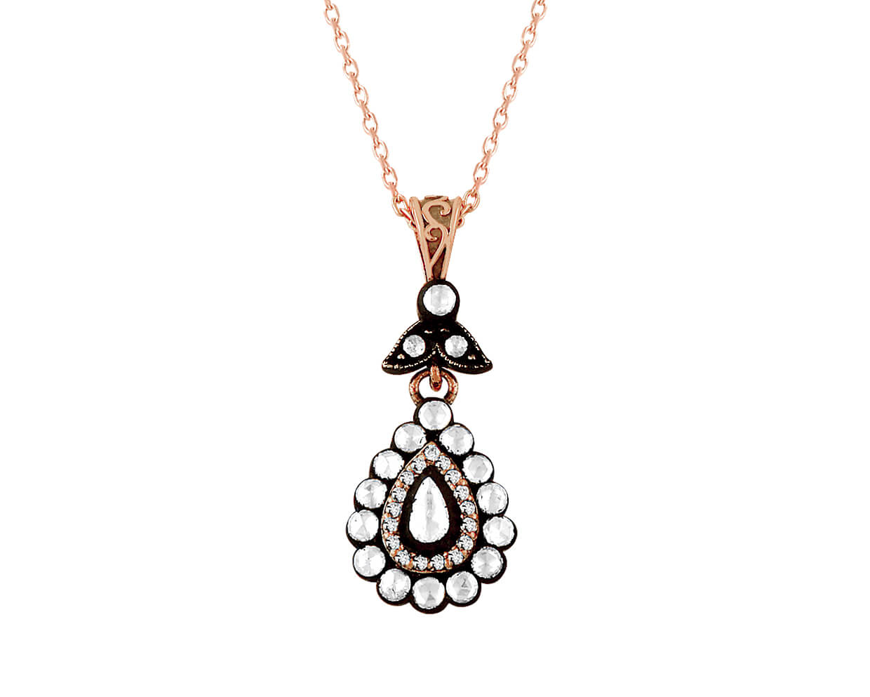 Pendentif ancien avec diamants naturels en forme de goutte et ronds – or rose 8K