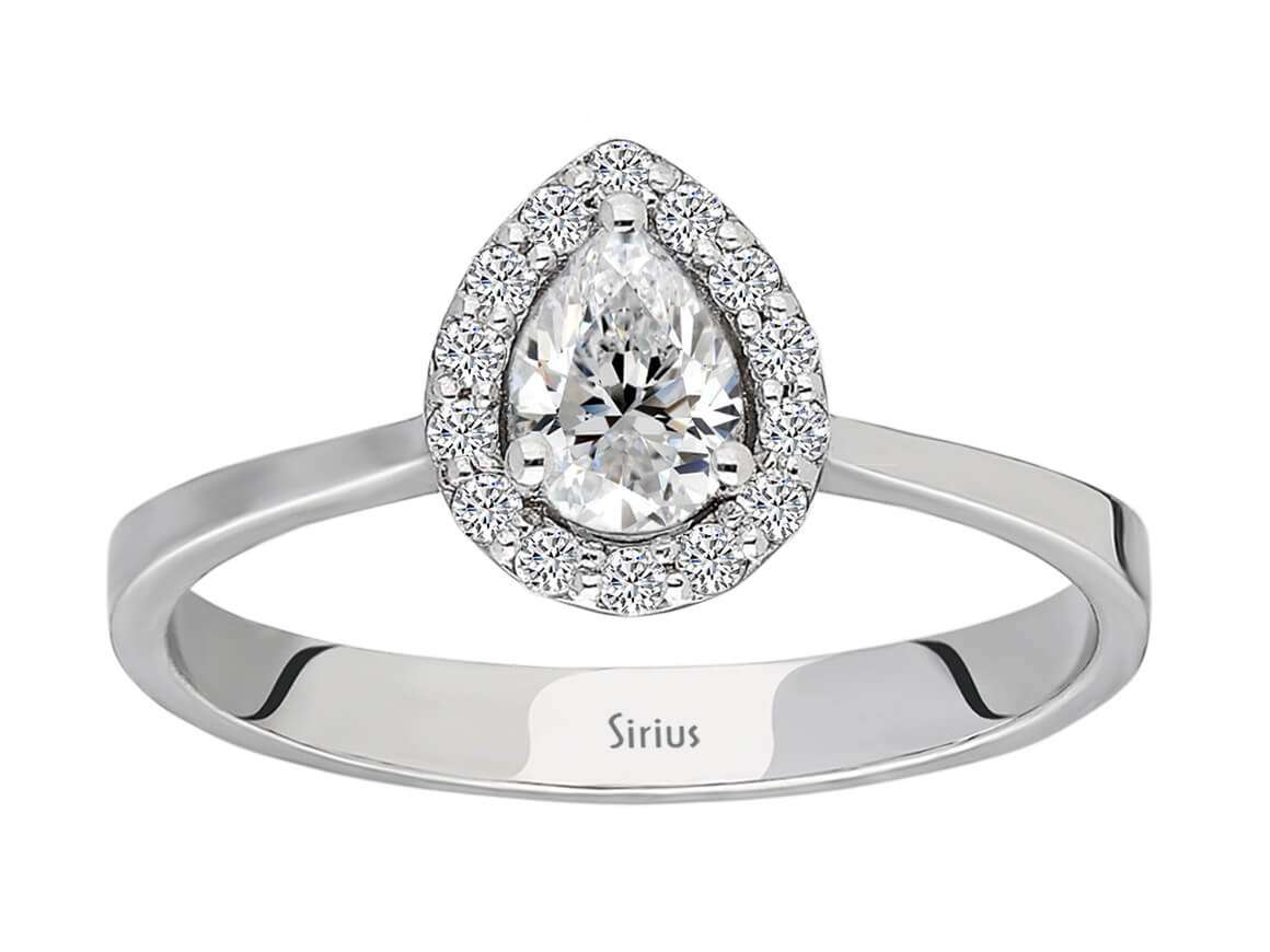 14K White Gold Ring with 1 Pear-Shaped Diamond (0.50 Carat) and 14 Round Diamonds (0.18 Carat)