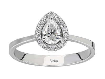 14K White Gold Ring with 1 Pear-Shaped Diamond (0.50 Carat) and 14 Round Diamonds (0.18 Carat)