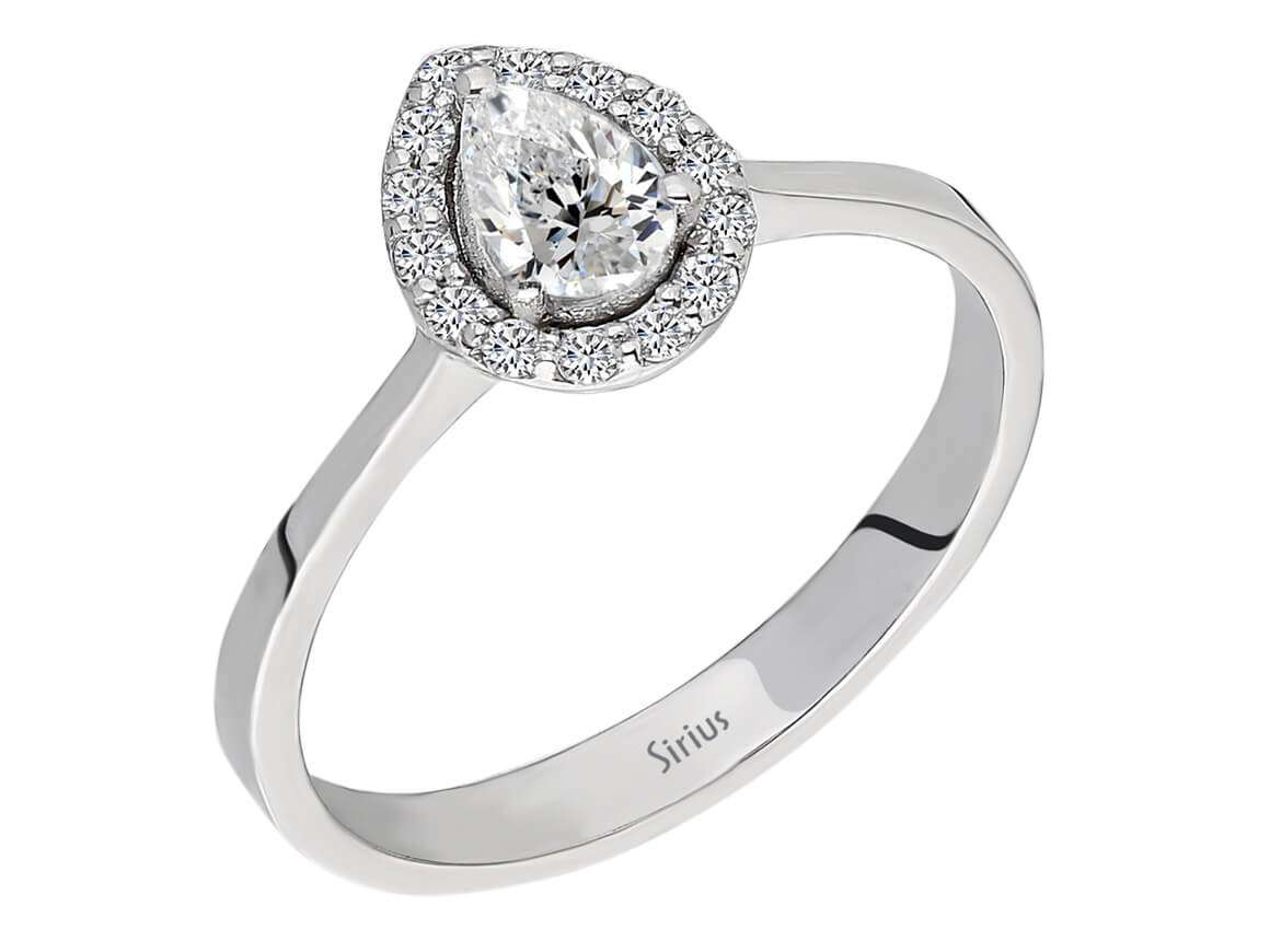 14K White Gold Ring with 1 Pear-Shaped Diamond (0.50 Carat) and 14 Round Diamonds (0.18 Carat)