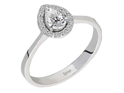 14K White Gold Ring with 1 Pear-Shaped Diamond (0.50 Carat) and 14 Round Diamonds (0.18 Carat)