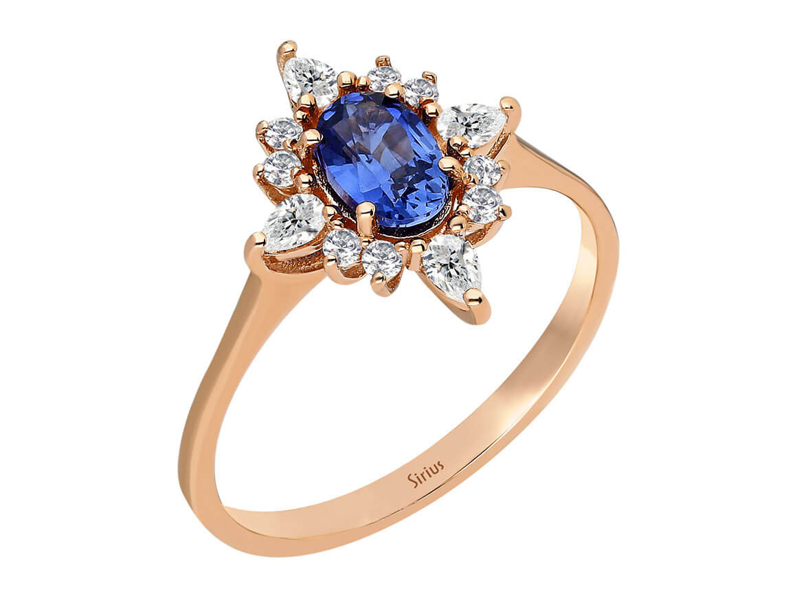 Rose gold ring with 0.93 carat sapphire and diamonds, 14K