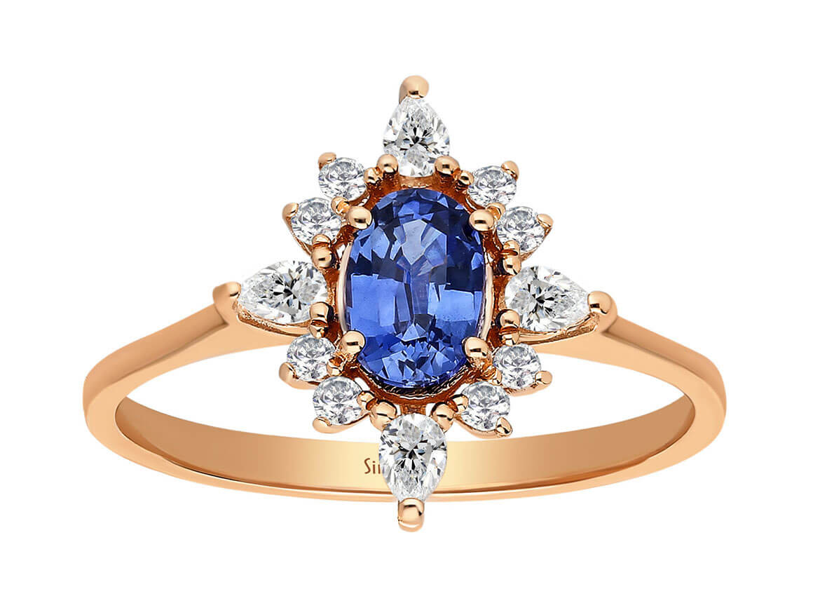 Rose gold ring with 0.93 carat sapphire and diamonds, 14K