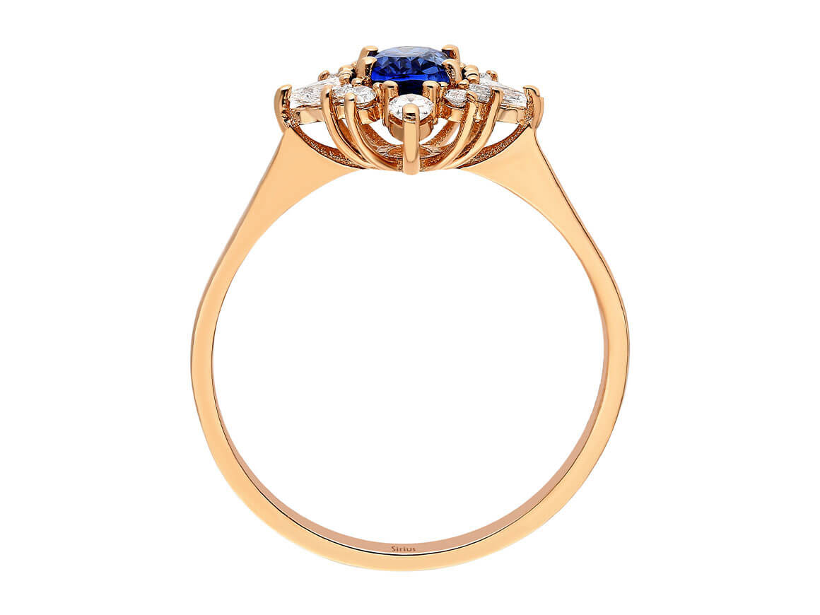 Rose gold ring with 0.93 carat sapphire and diamonds, 14K