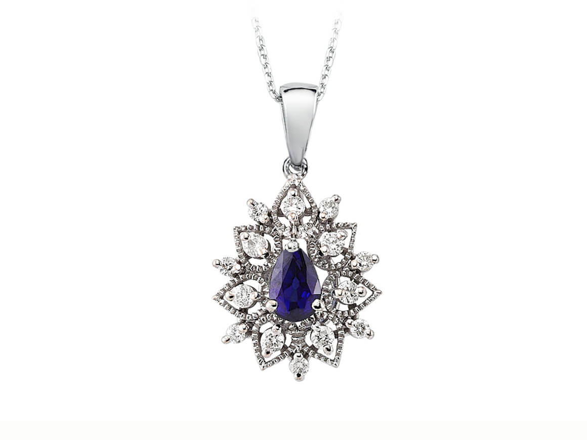 Collier avec Saphir en forme de goutte et diamants cultivés en laboratoire - Or Blanc 14 carats - Bijoux haut de gamme de Rosy Lab Diamonds