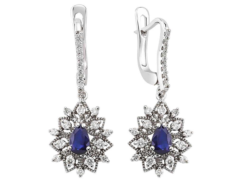 Boucles Pendantes avec saphirs damassés et 44 diamants en Or Blanc 585 | 06E0014 - Bijoux haut de gamme de Rosy Lab Diamonds