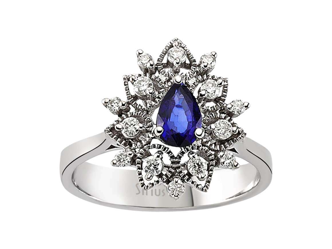 Weißgold Verlobungsring mit Diamanten und blauem Tropfensaphir – 14K