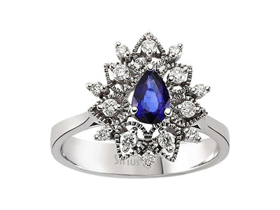 Weißgold Verlobungsring mit Diamanten und blauem Tropfensaphir – 14K