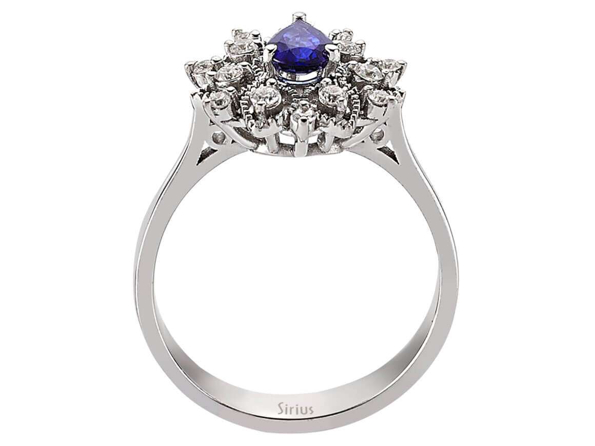 Weißgold Verlobungsring mit Diamanten und blauem Tropfensaphir – 14K