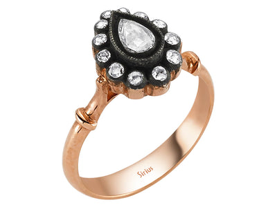 Tropfenförmiger Roségold-Ring mit Elmas im Antikstil