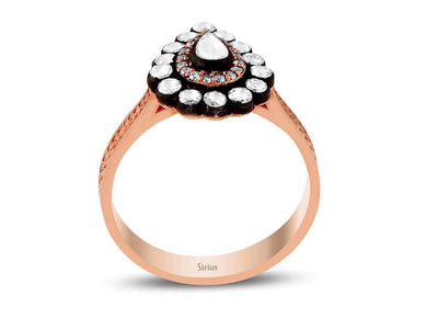 14K Rose Gold Ring with 17 Round Diamonds (0.15 Carat), 1 Pear-Shaped Diamond (0.15 Carat) and 14 Round Diamonds (0.42 Carat)