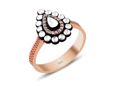 14K Rose Gold Ring with 17 Round Diamonds (0.15 Carat), 1 Pear-Shaped Diamond (0.15 Carat) and 14 Round Diamonds (0.42 Carat)