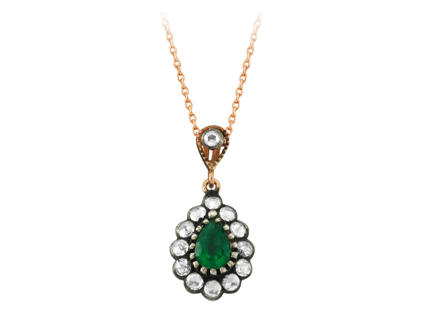 Antique drop necklace with emerald and diamonds in 8K rose gold
