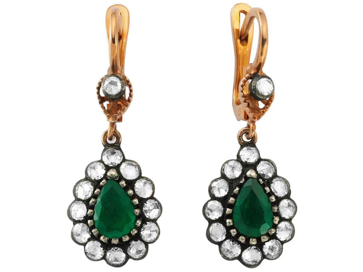 Antique drop earrings with emeralds & diamonds made of 333 rose gold