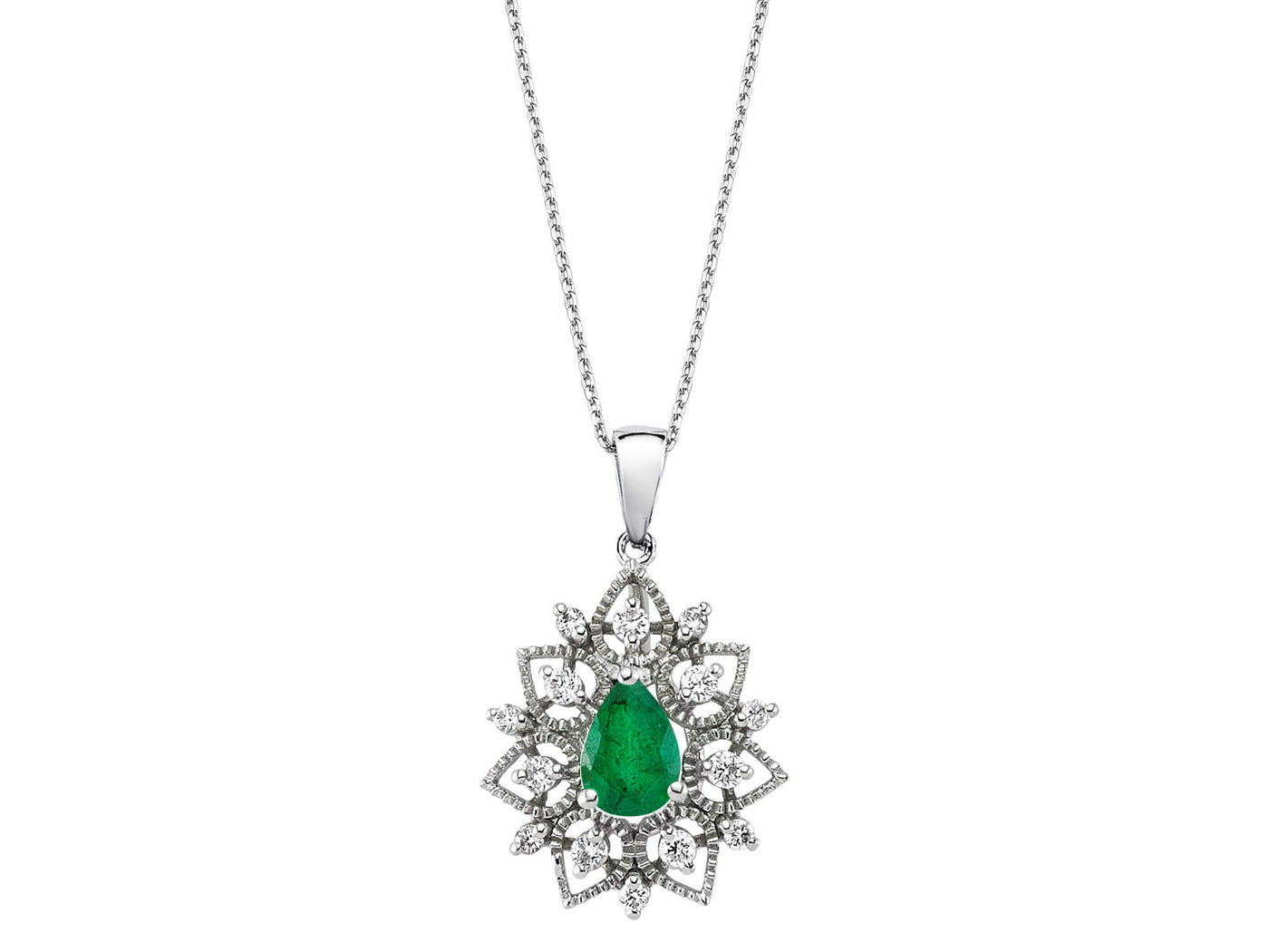 Élégant collier diamant avec émeraude en forme de goutte – 0,73 ct | or blanc 14K